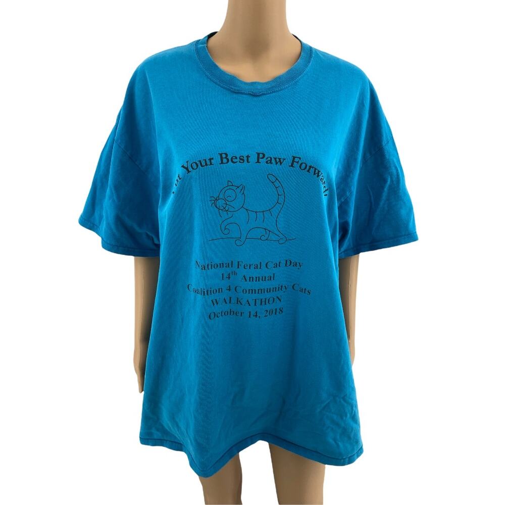 Port & Company 2XL Unisex Blue National Feral Cat Day 2018 Doodle Tee Shirt